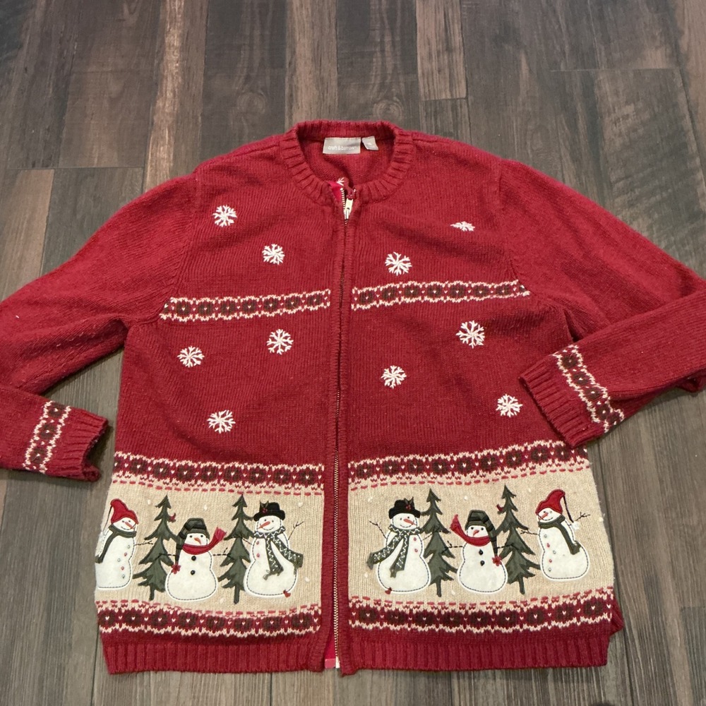 Croft & Barrow Snowman Holiday Zip Up Cardigan Red Festive Snowflake XL Vintage